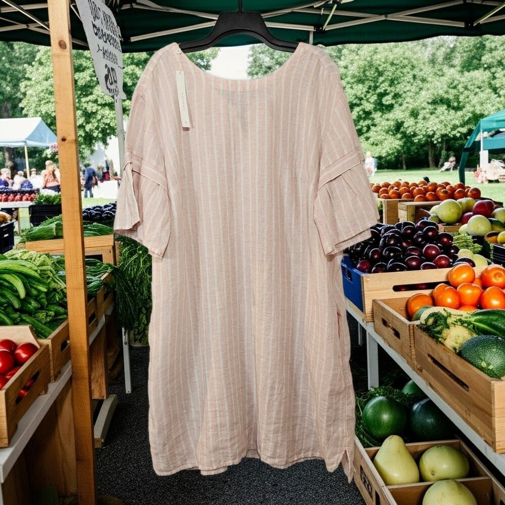 New Caslon XL Linen Dress Puff Sleeve Shift Cut Powder Pink Stripe Nautical